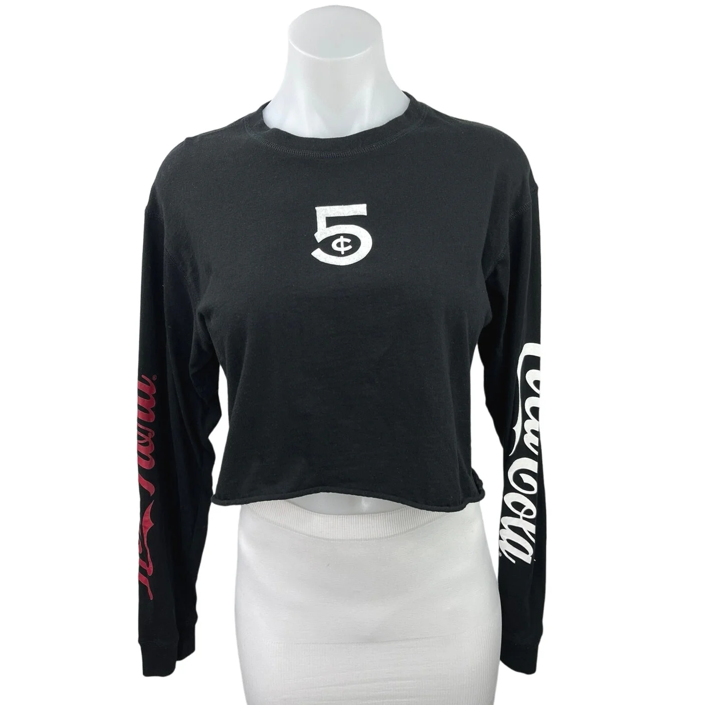 Coca Cola Black White Red 5 Cents Classic Crew Neck Long Sleeve Crop Top Size M