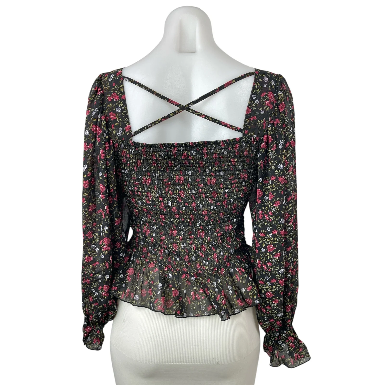 Code X Mode Women's Black Floral Smocked Square Neck Long Sleeve Blouse Top S - Image 2