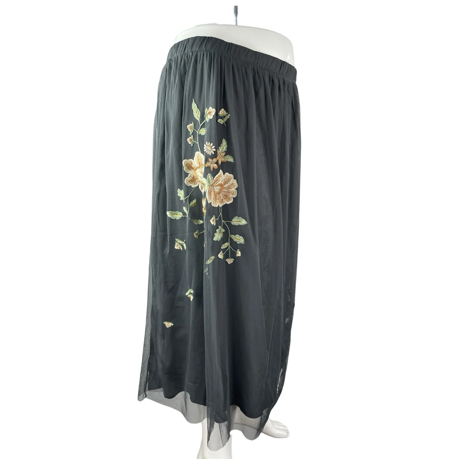 Coldwater Creek Women Gray Mesh Floral Embroidered Pleated Midi Full Skirt Sz 3X - Image 3