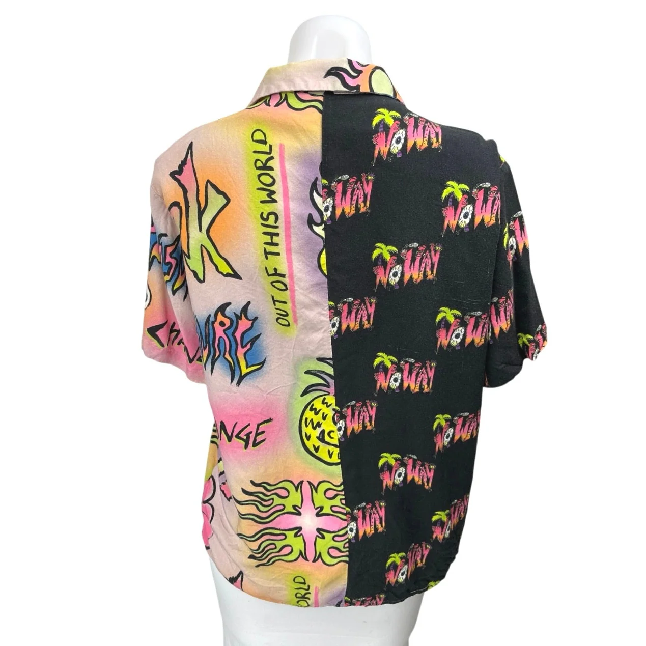 Collusion Multicolor Colorblock Short Sleeve Button Down Graphic Shirt Top S - Image 2