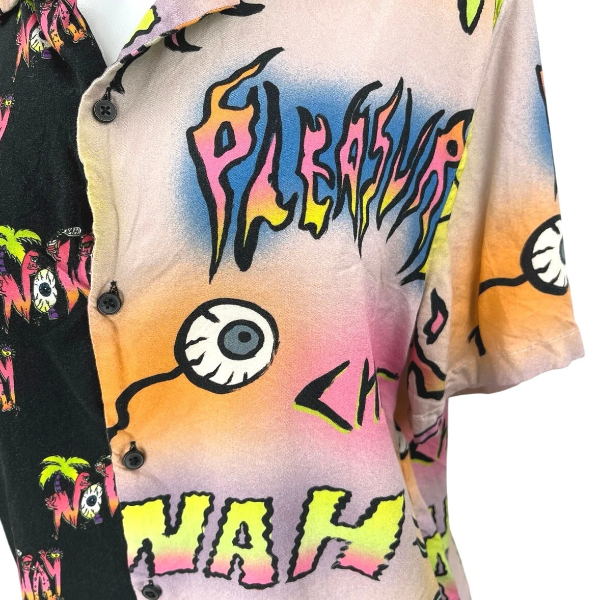 Collusion Multicolor Colorblock Short Sleeve Button Down Graphic Shirt Top S - Image 3