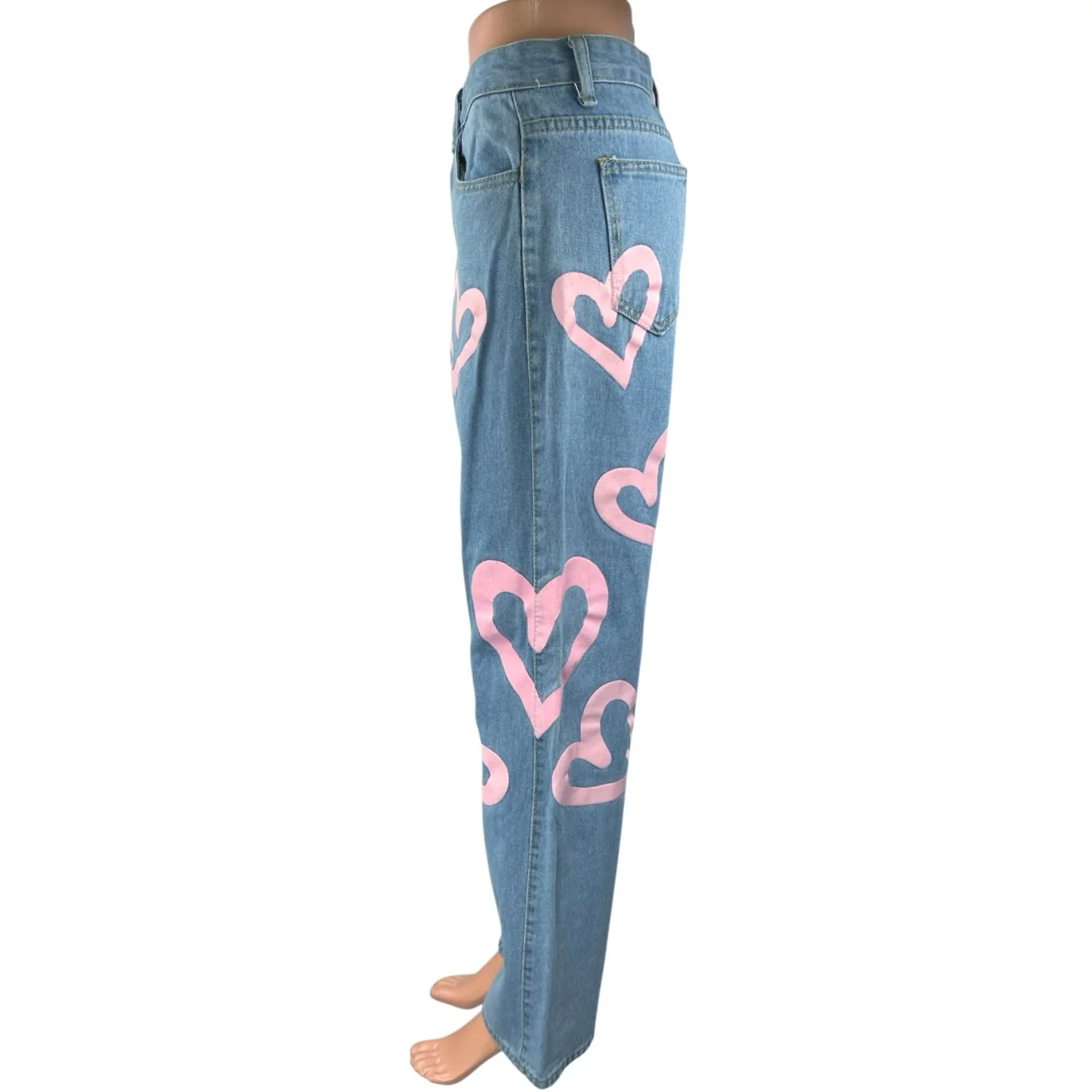 Colorful Natalie Blue Pink Hearts High Waisted Baggy Wide Leg Denim Jeans Size L - Image 2
