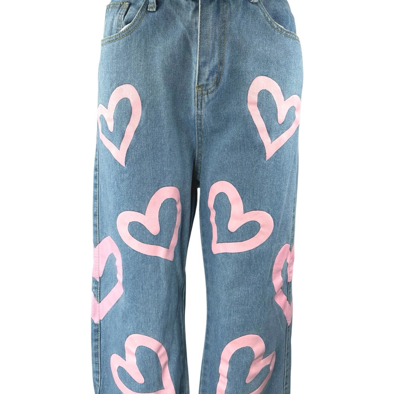 Colorful Natalie Blue Pink Hearts High Waisted Baggy Wide Leg Denim Jeans Size L - Image 4