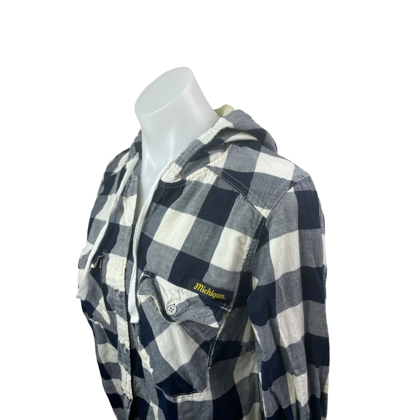 Columbia Womens Blue Plaid Flannel Long Sleeve Hoodie Button Up Shirt Top Size S - Image 4
