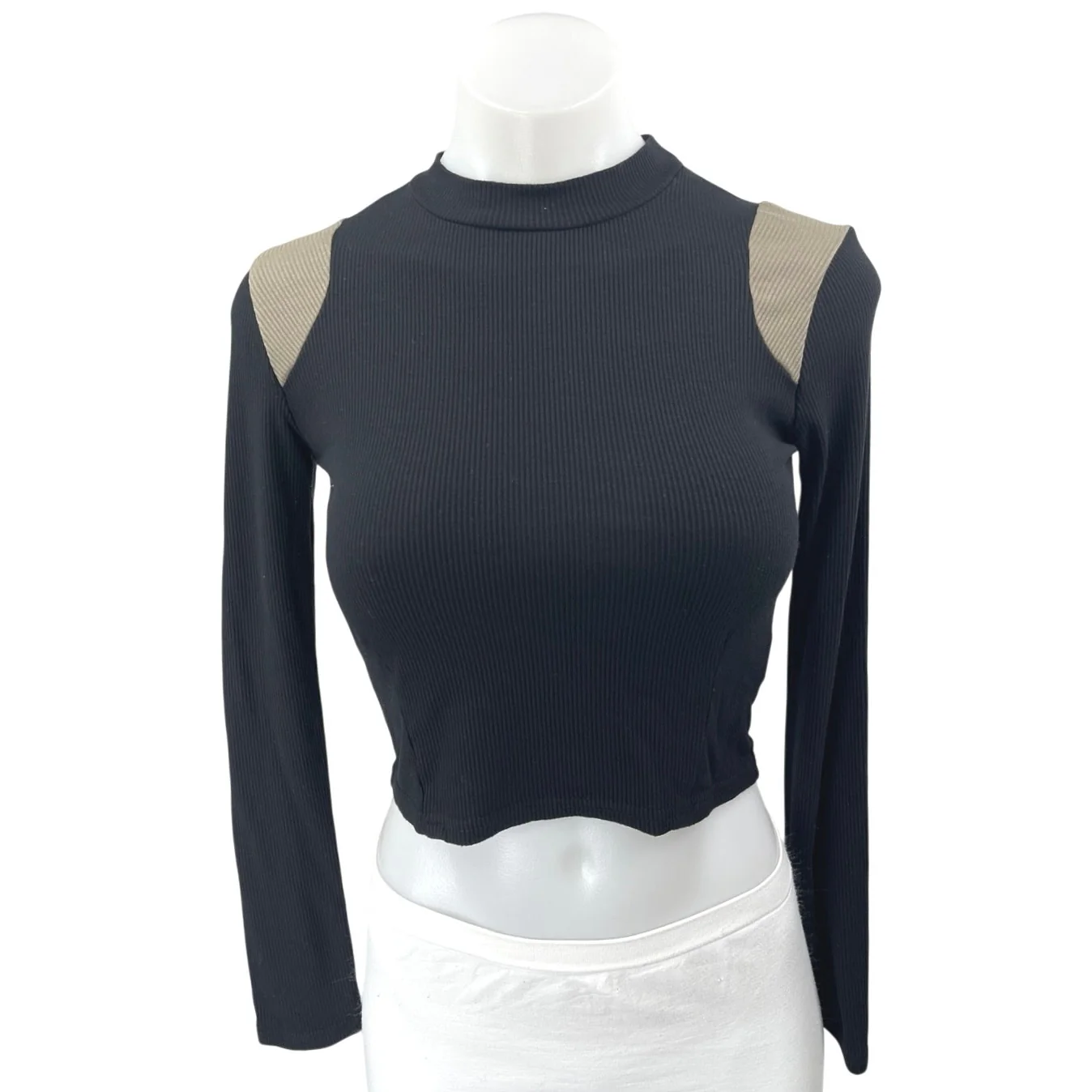 Commence Women's Black Rib Knit High Neck Long Sleeve Crop Shirt Sweater Top S