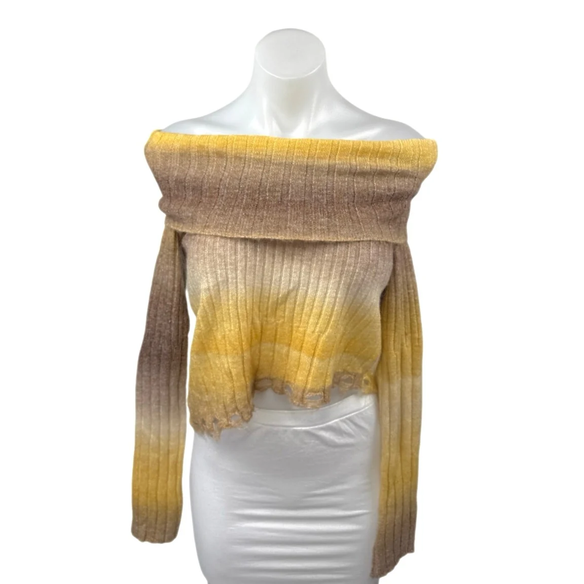 Commense Beige Yellow Wool Ombre Off The Shoulder Knit Long Sleeve Sweater Top S