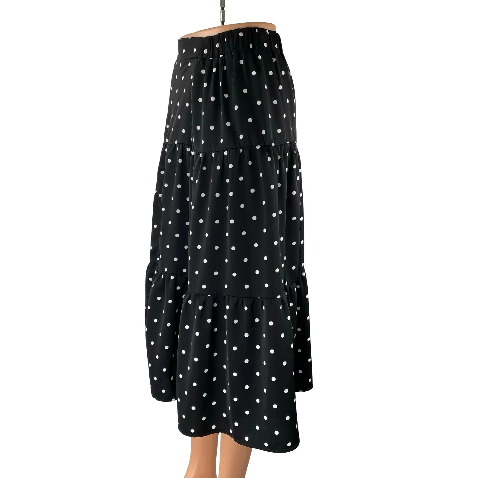 Commense Black Polka Dots High Waist Pull On A Line Tiered Midi Skirt Size XS - Image 2