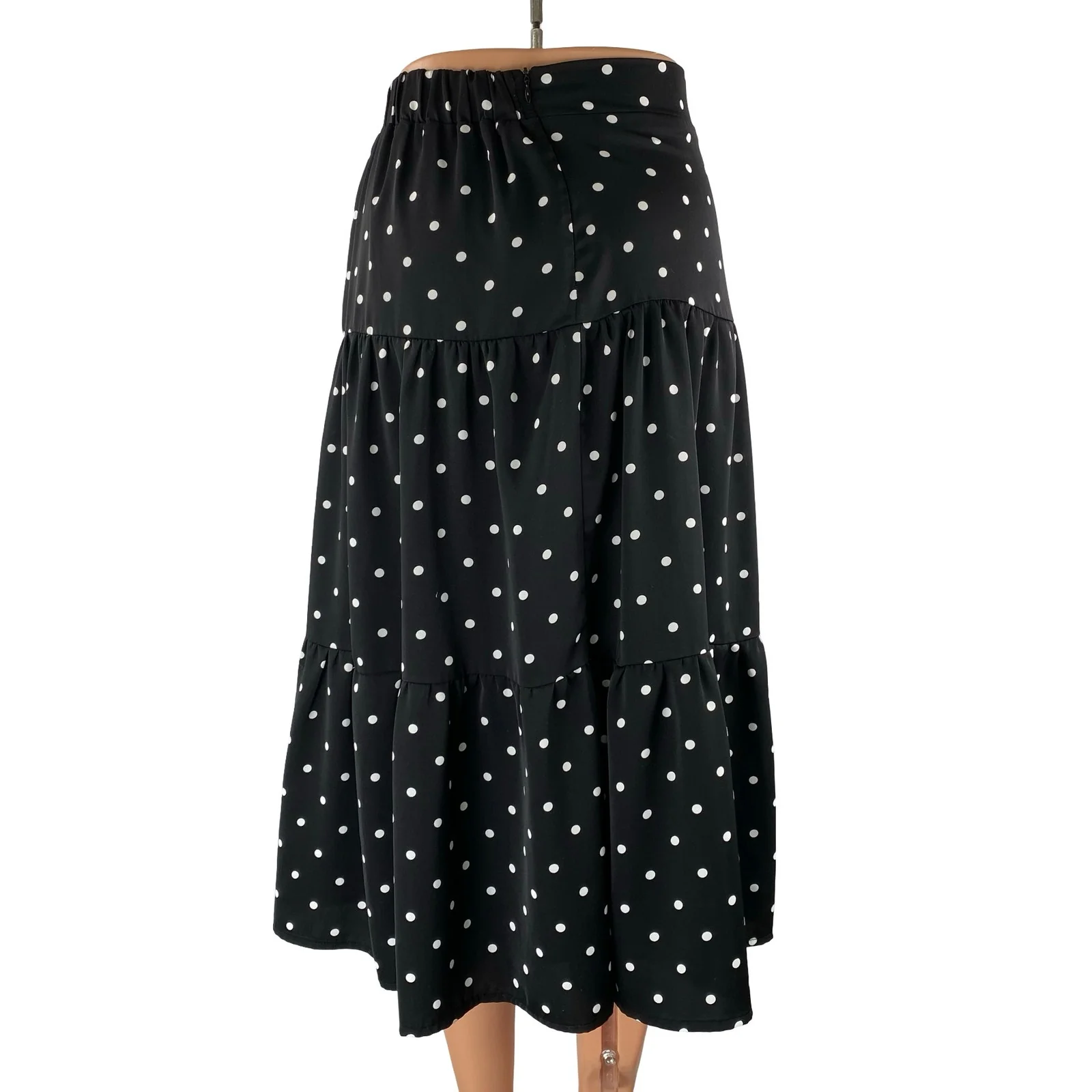 Commense Black Polka Dots High Waist Pull On A Line Tiered Midi Skirt Size XS - Image 4