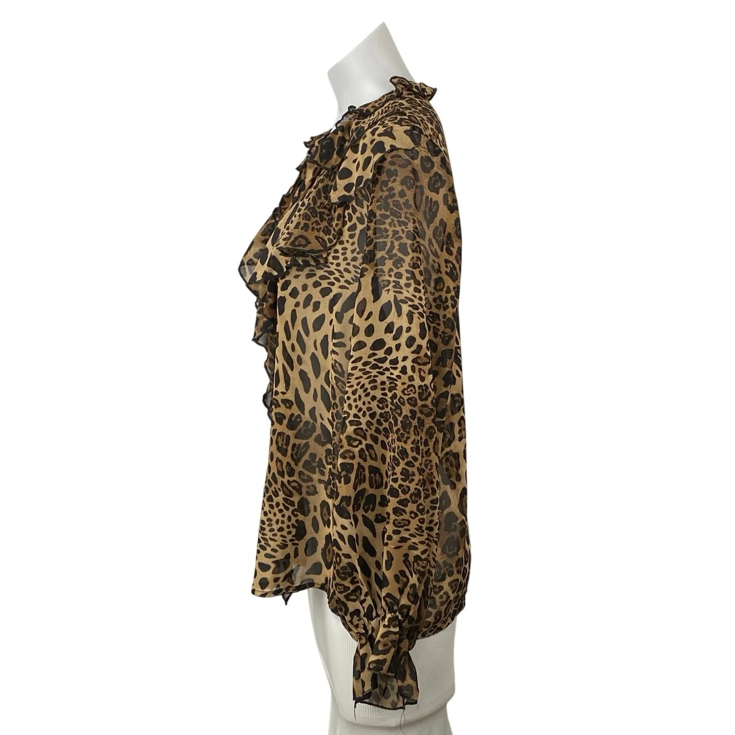 Commense Brown Ruffle Leopard Print Long Sleeve Button Down Peasant Blouse Top M - Image 2