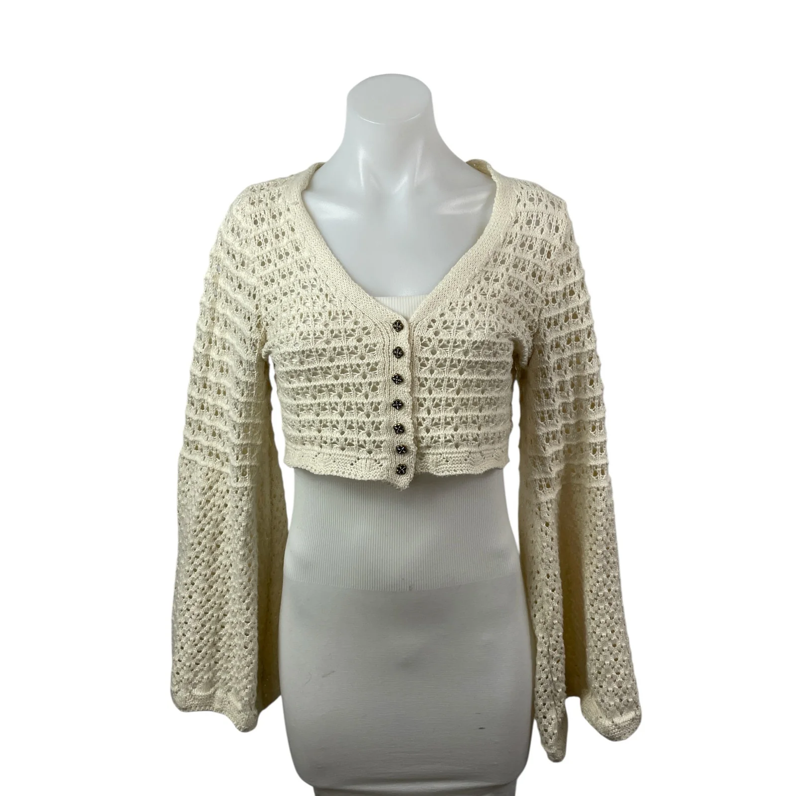 Commense Cream Beige Open Knit Crochet Long Sleeve Button Up Crop Top Size S