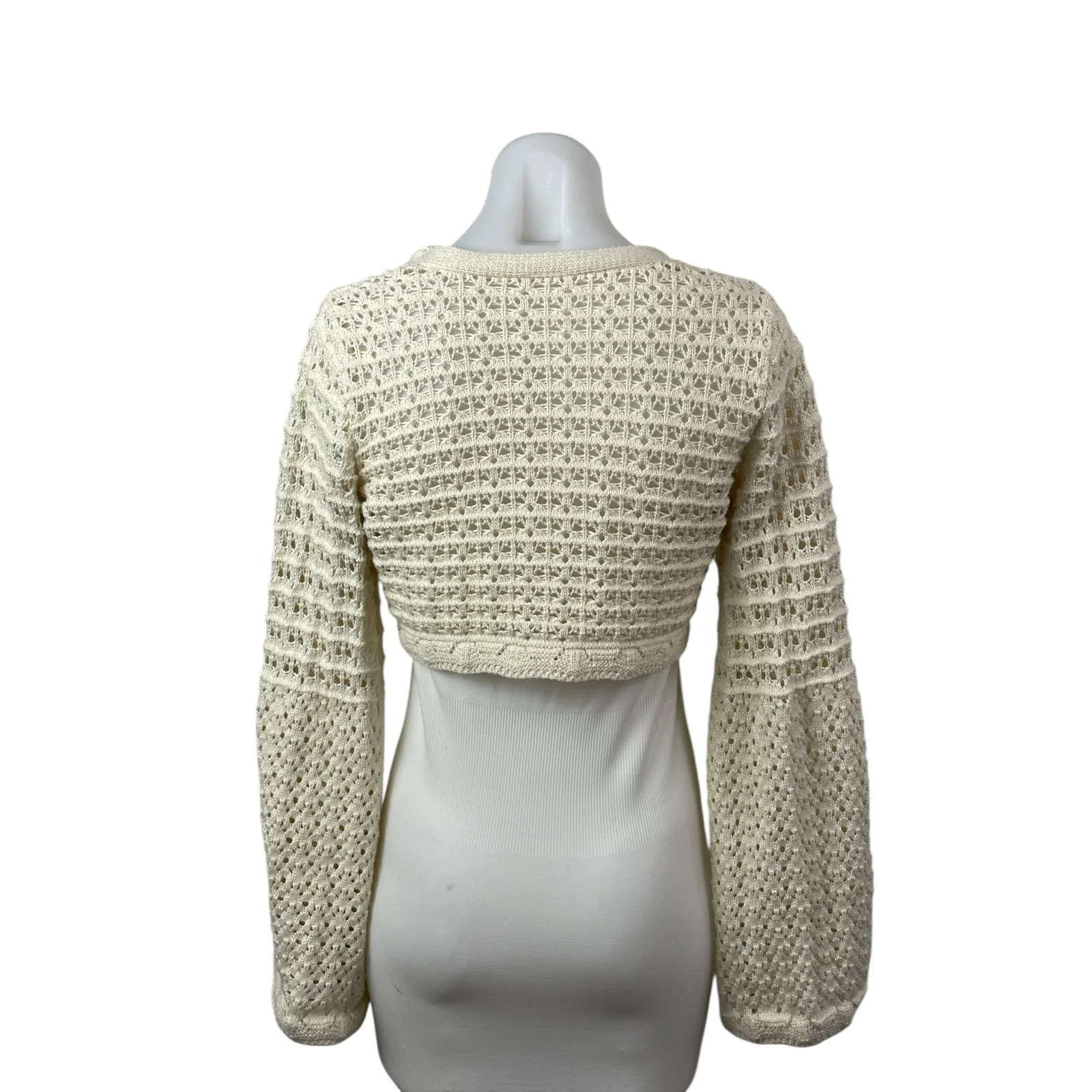 Commense Cream Beige Open Knit Crochet Long Sleeve Button Up Crop Top Size S - Image 2