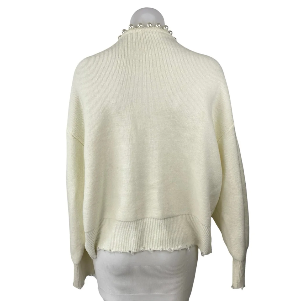 Commense Cream White Pearl Open Front Long Sleeve Knit Cardigan Sweater Top Sz L - Image 3