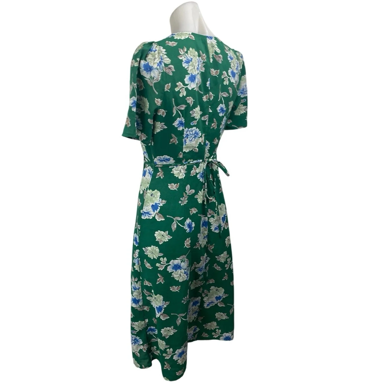 Commense Green Floral Short Sleeve Tie Waist V Neck Midi Wrap Dress Size S - Image 2