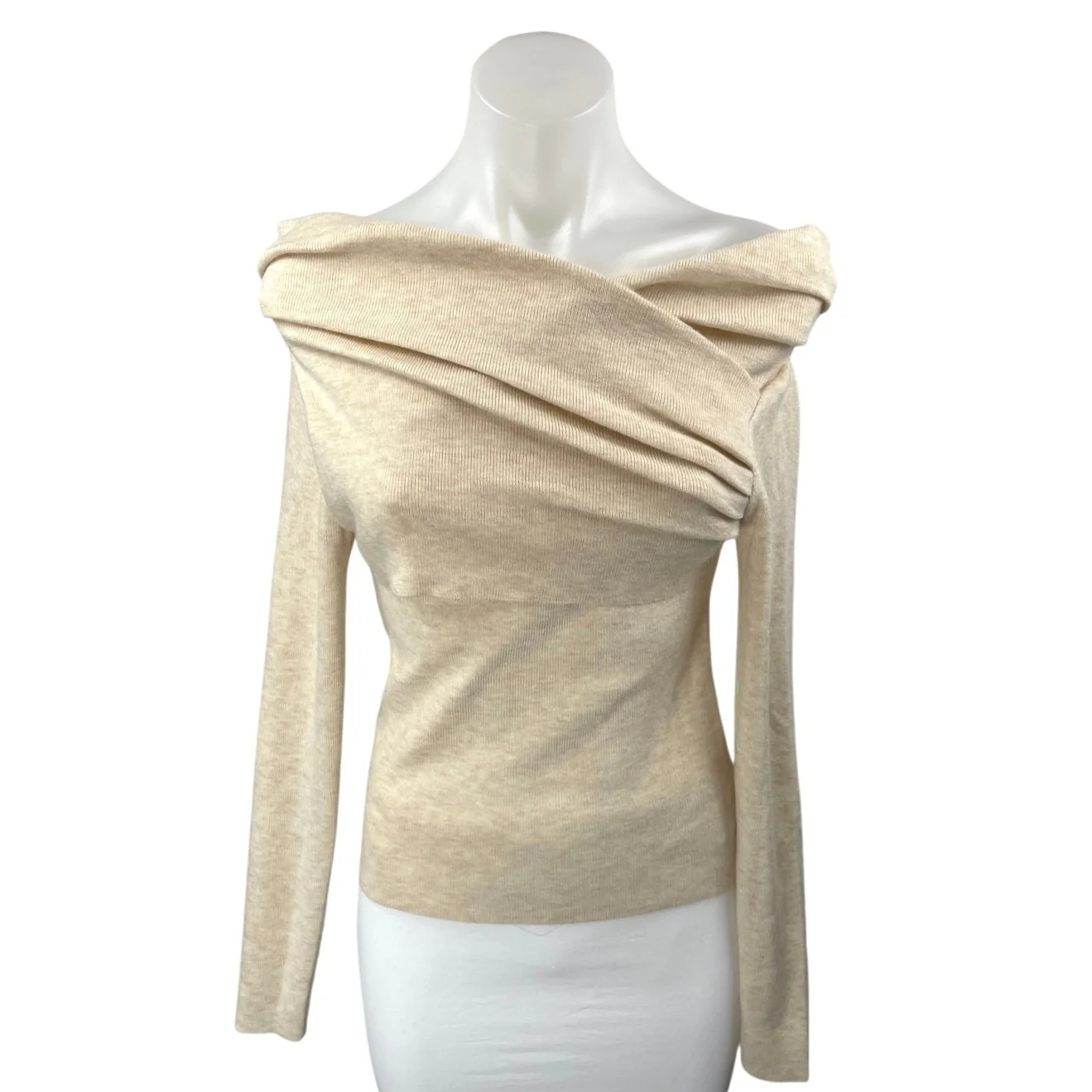 Commense Women's Beige Off The Shoulder Long Sleeve Knit Sweater Top Size S
