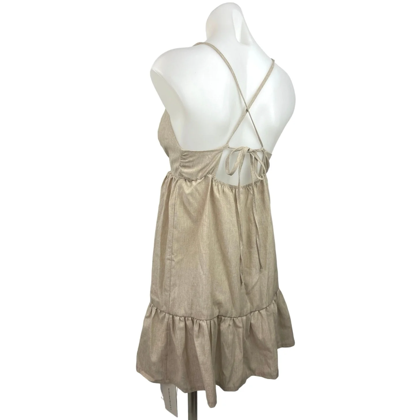 Commense Women's Beige Sleeveless V Neck Back Tie Camisole Tank Mini Dress Sz S - Image 2