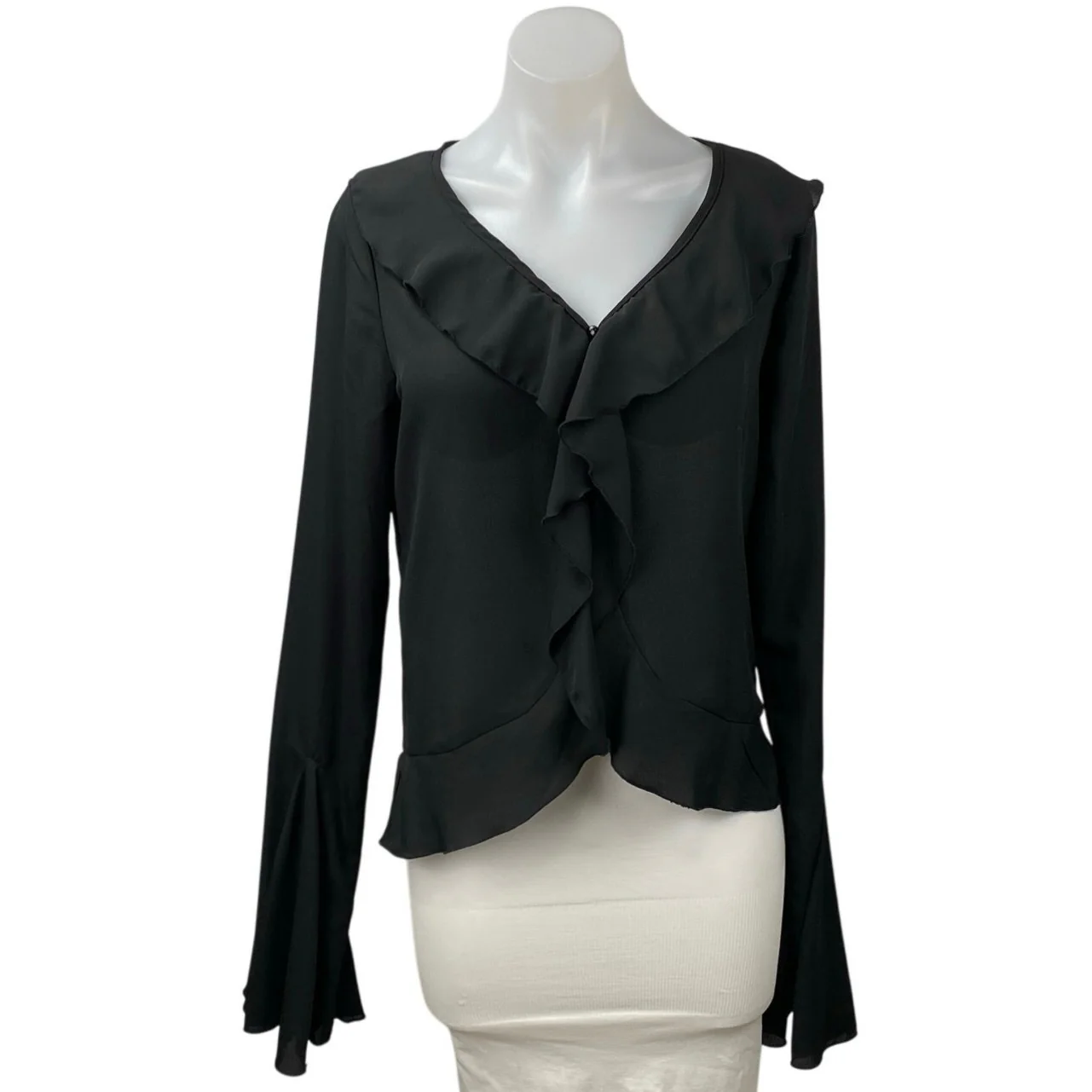 Commense Women's Black V-Neck Ruffles Long Bell Sleeve Crop Blouse Top Size M