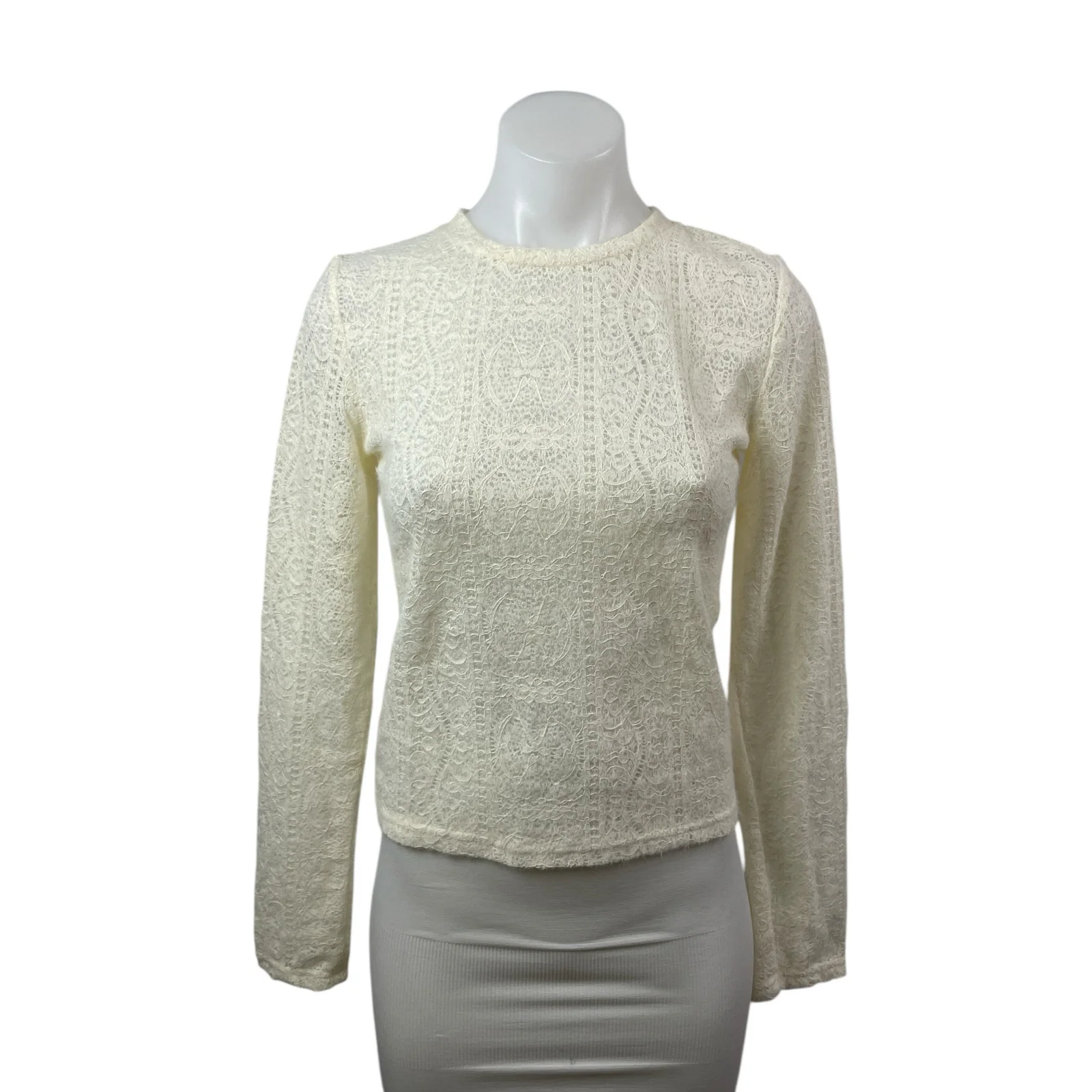 Commense Women's Cream Floral Lace Long Sleeve Crew Neck Blouse Top Size S