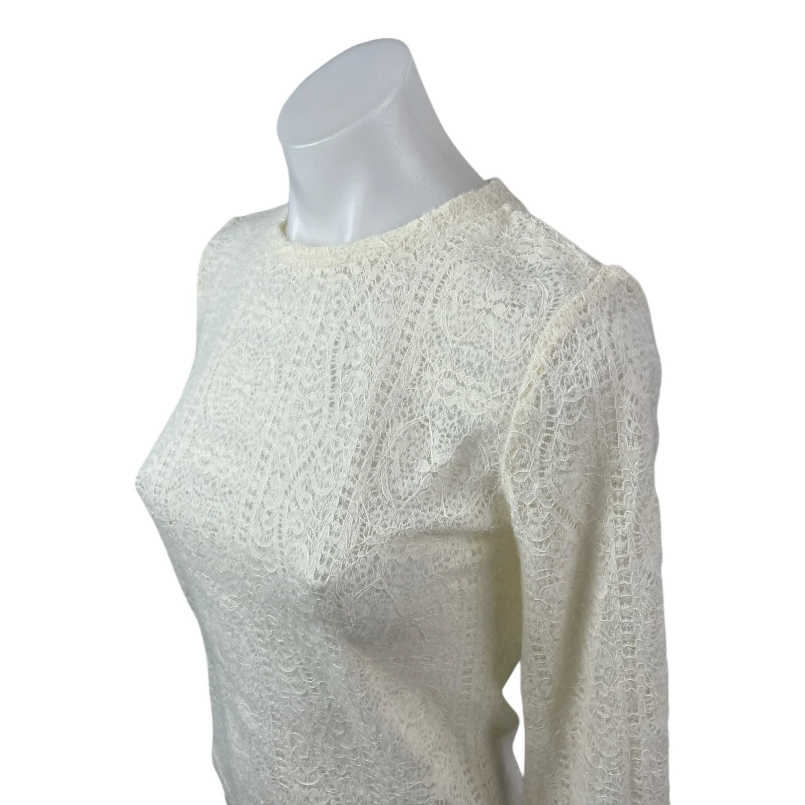 Commense Women's Cream Floral Lace Long Sleeve Crew Neck Blouse Top Size S - Image 2