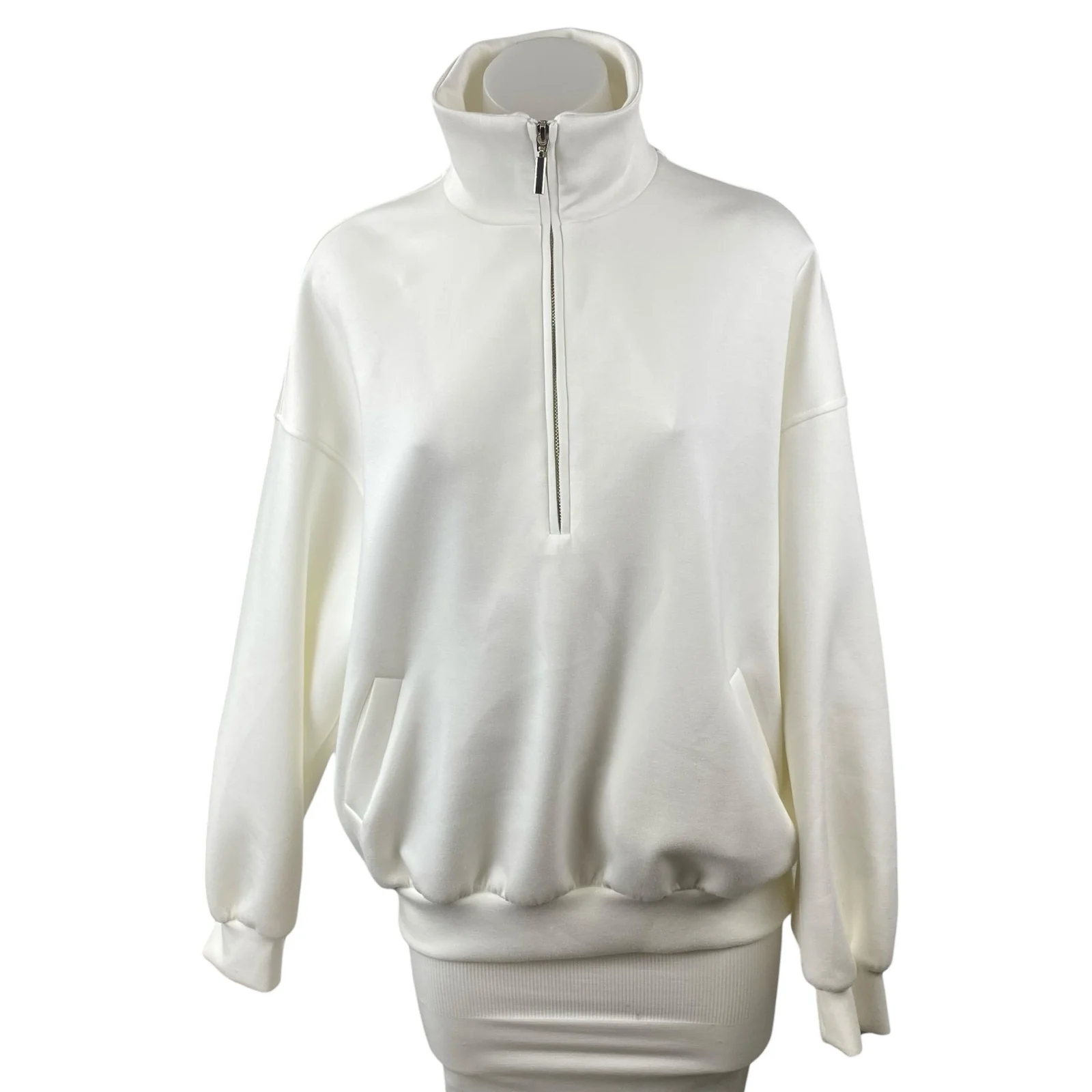 Commense Women's White Quarter Zip High Neck Long Sleeve Sweater Sweatshirt Sz S