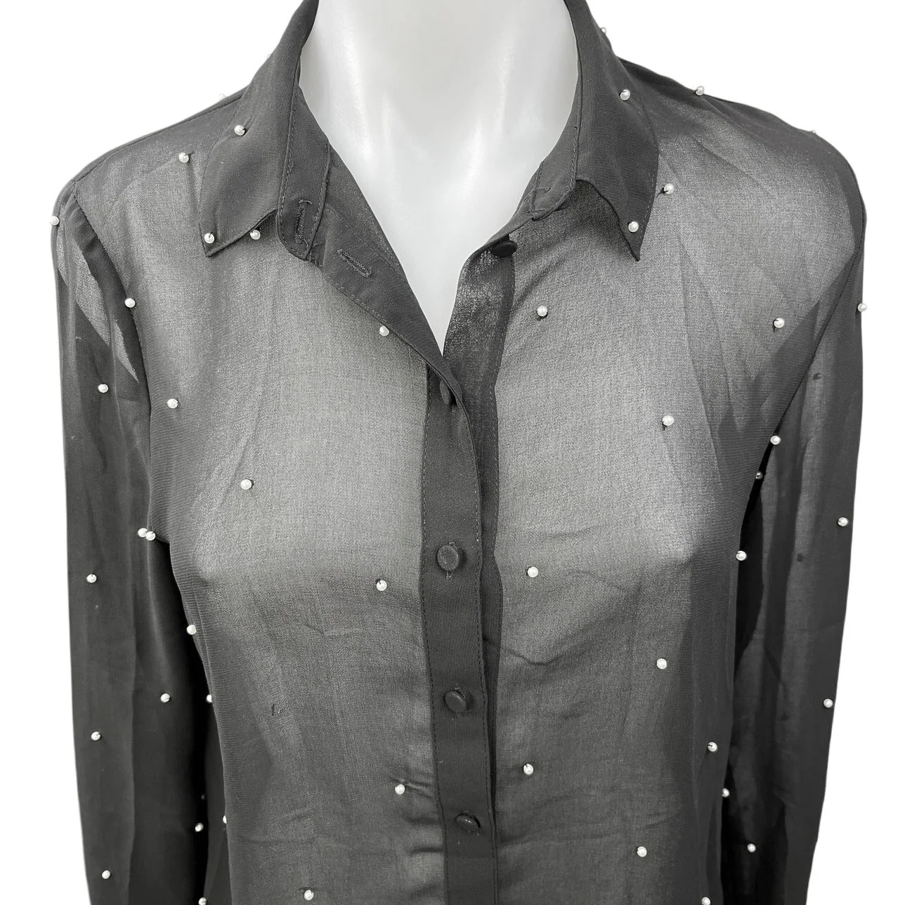 Cooperative Black Sheer Beaded Embellished Long Sleeve Button Down Shirt Top XS - Image 3