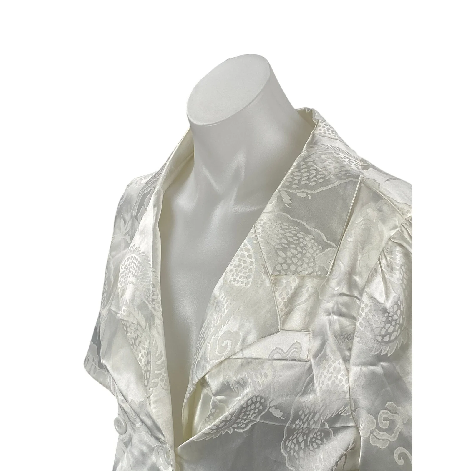 Coquette Women's White Jacquard Silk Satin Short Sleeve Button Down Crop Top S - Image 2