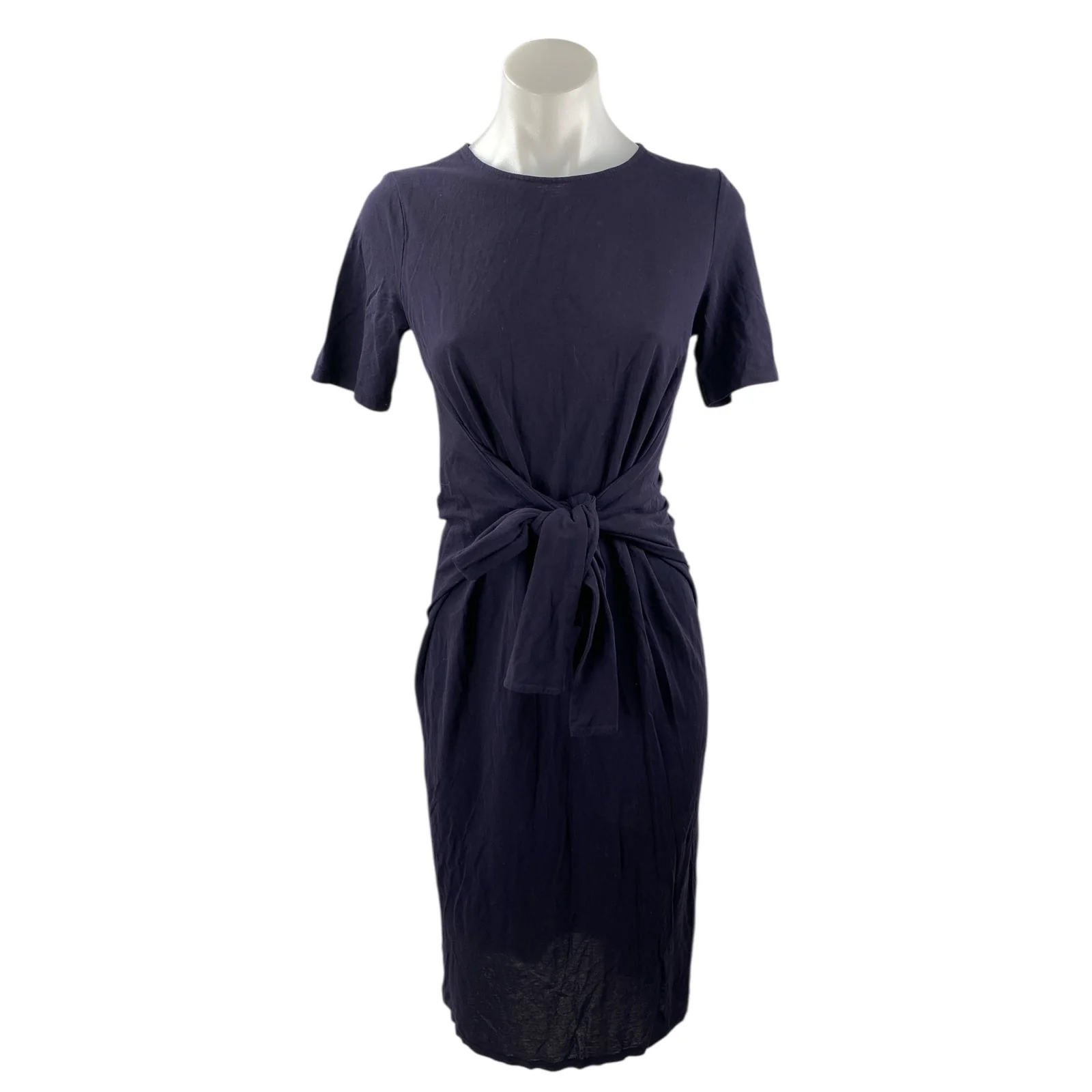 Cos Navy Blue Tie Waist Crew Neck Short Sleeves Midi Bodycon Sheath Dress Sz XS