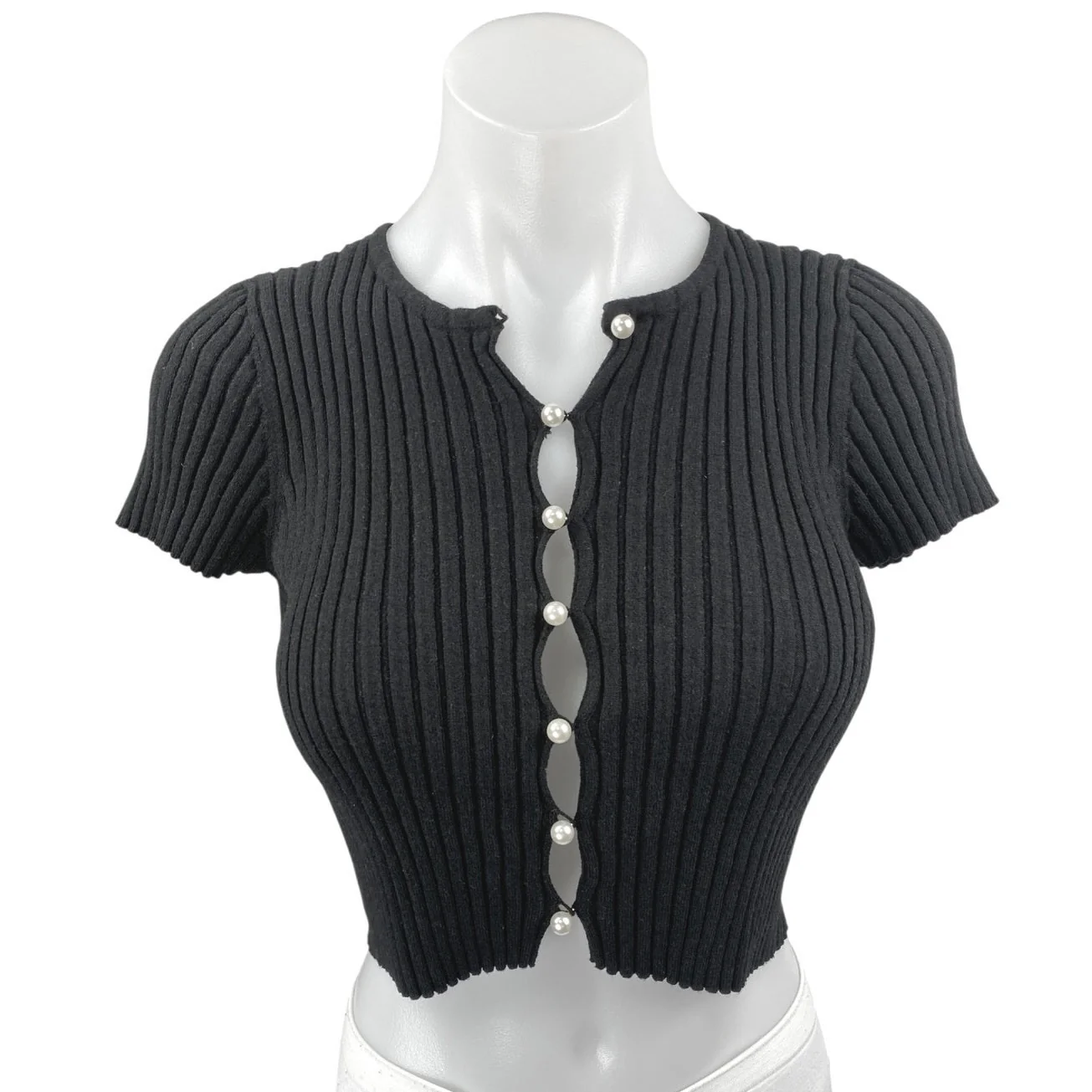 Cotton Candy LA Black Short Sleeve Ribbed Knit Button Front Crop Top Size M