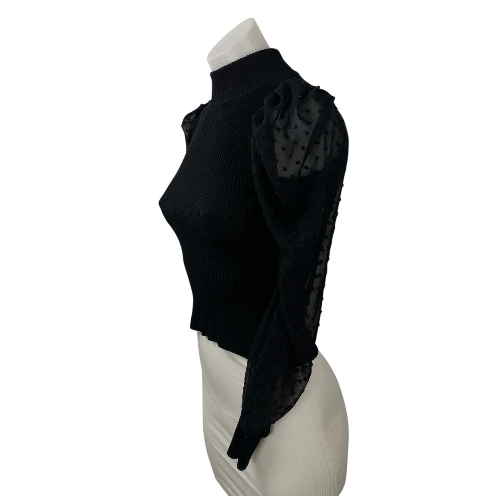 Crave Fame Women's Black Swiss Dot Long Sleeve Mesh Mock Neck Blouse Top Size XS - Image 3