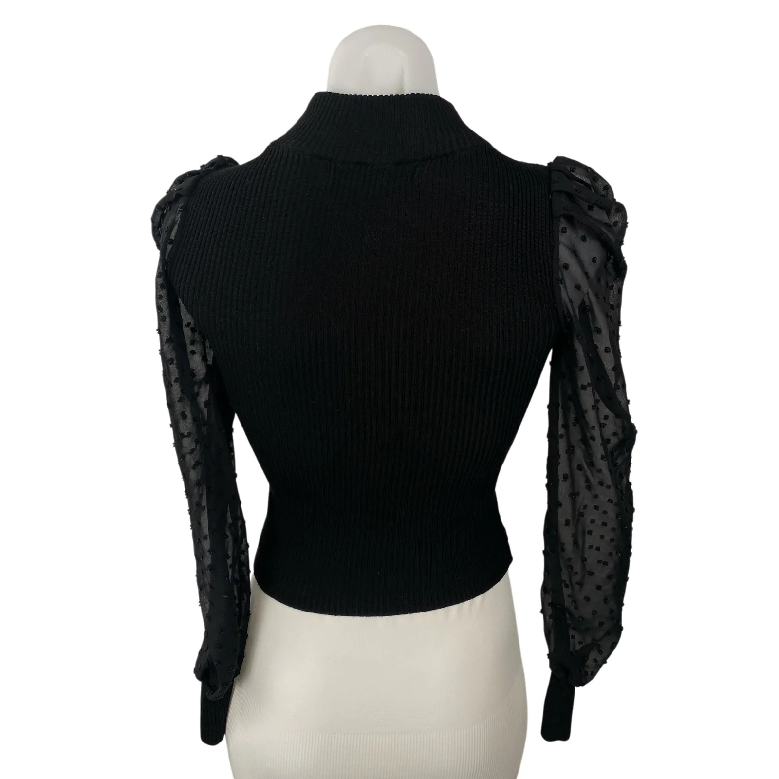 Crave Fame Women's Black Swiss Dot Long Sleeve Mesh Mock Neck Blouse Top Size XS - Image 4