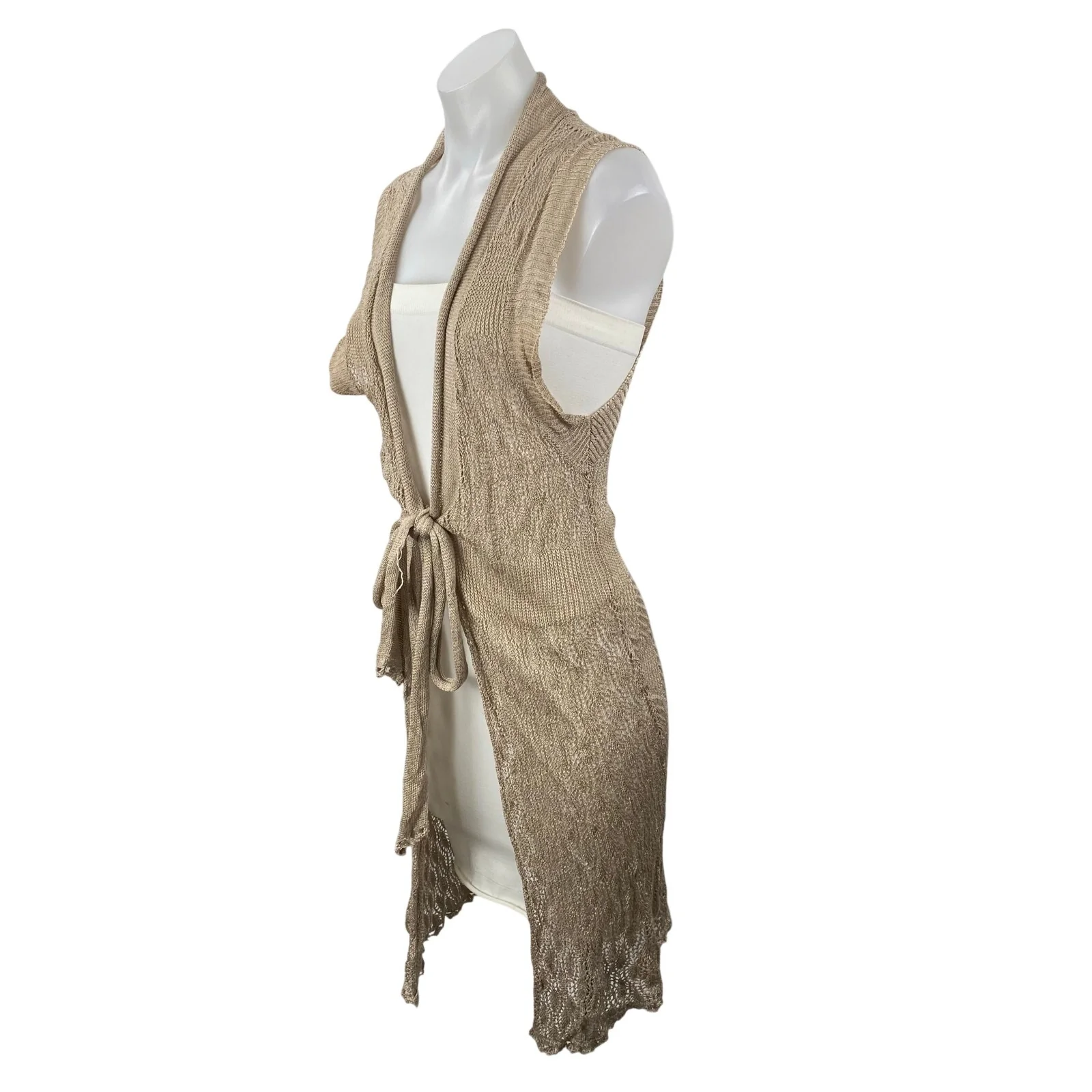 Cupio Beige Linen Sleeveless Tie Front Pointelle Longline Sweater Cardigan Top L - Image 3