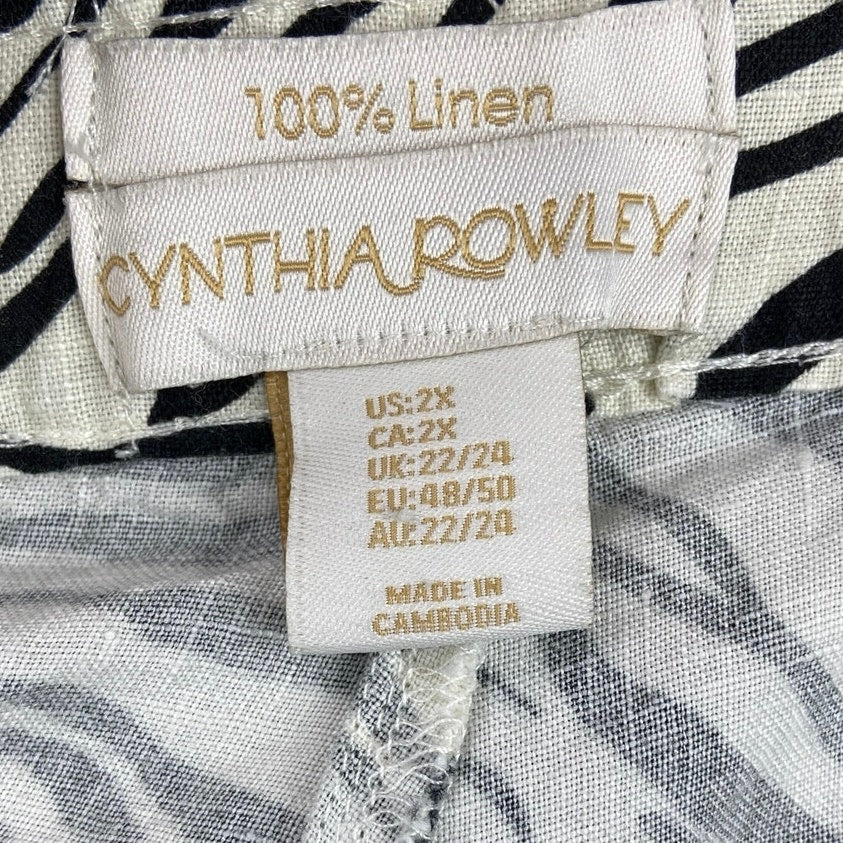 Cynthia Rowley Black White Linen Zebra Animal Print Drawstring Shorts Size 2X - Image 3