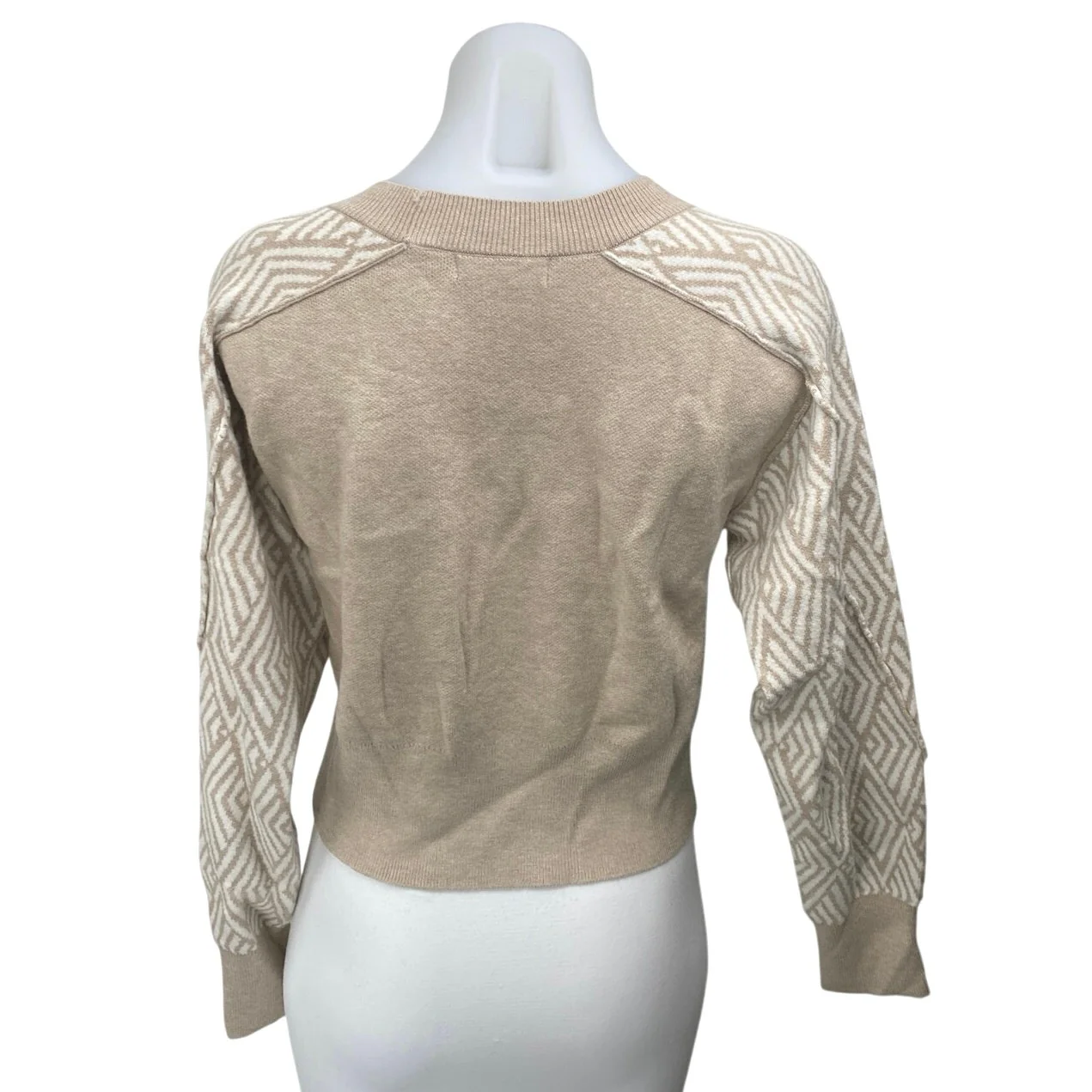 Cynthia Rowley Women's Brown Tan Geometric Knit Long Sleeve Crop Sweater Top XS - Image 2