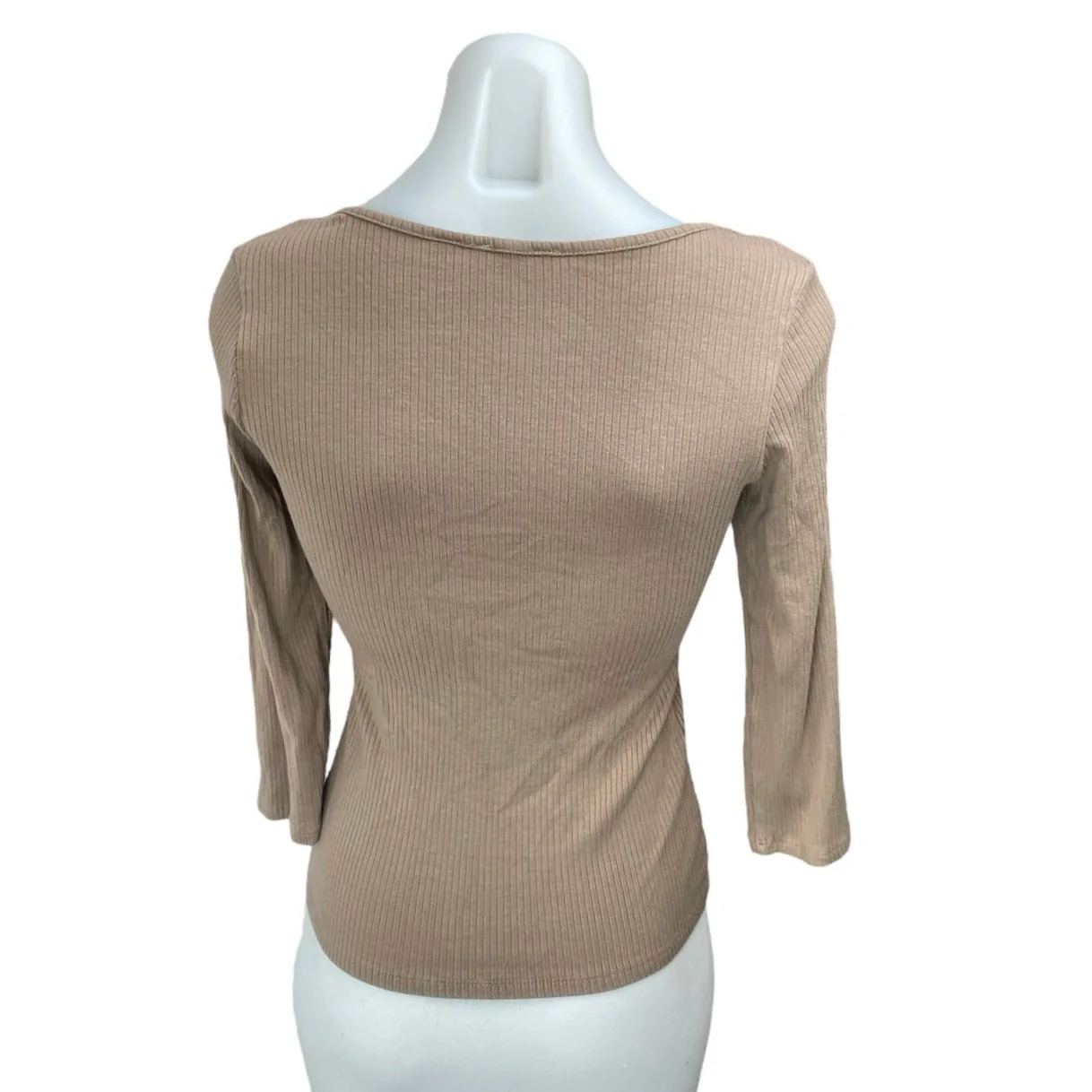 Cyrus Women Tan Beige Ribbed Knit Long Sleeve Square Neck T Shirt Tee Top Size S - Image 2
