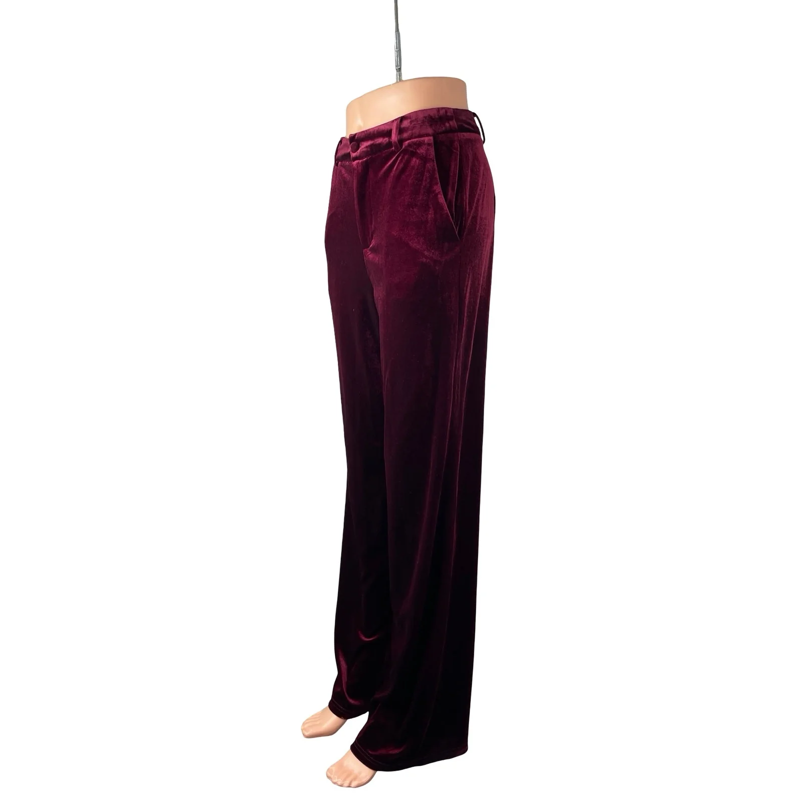 D'Abea Women's Red Velvet Velour High Rise Palazzo Wide Leg Trousers Pants Sz S - Image 2