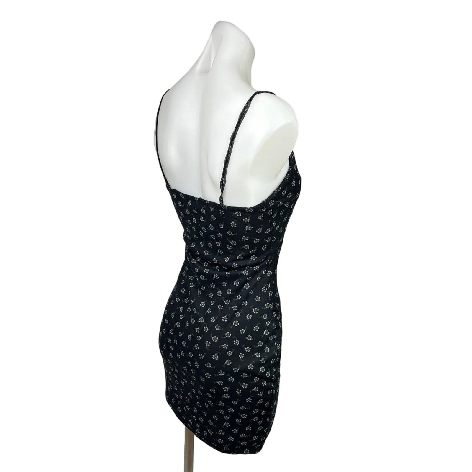 Daisy Street Black Floral Print Spaghetti Strap Ruched Mesh Bodycon Dress Sz XS - Image 3