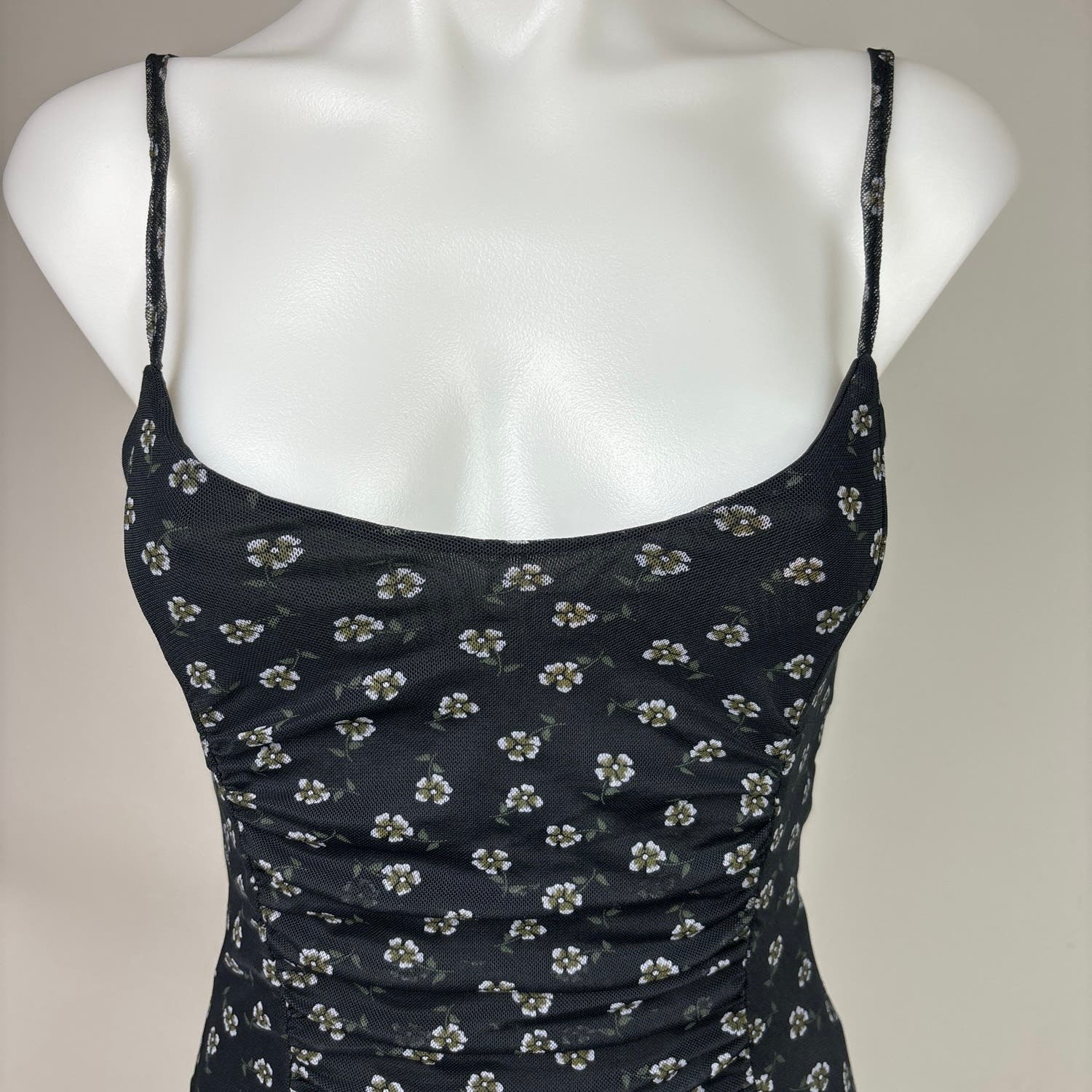 Daisy Street Black Floral Print Spaghetti Strap Ruched Mesh Bodycon Dress Sz XS - Image 4