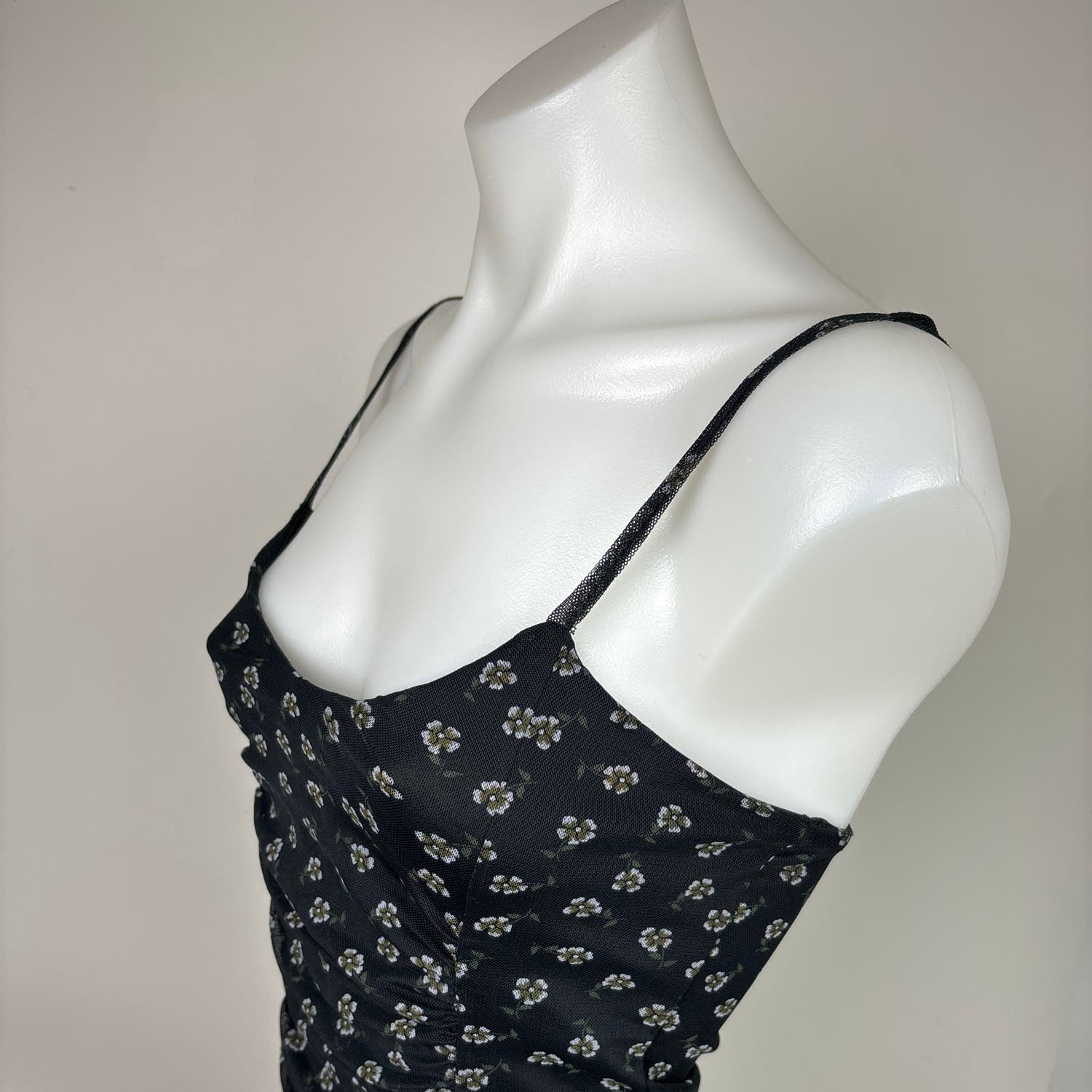 Daisy Street Black Floral Print Spaghetti Strap Ruched Mesh Bodycon Dress Sz XS - Image 5