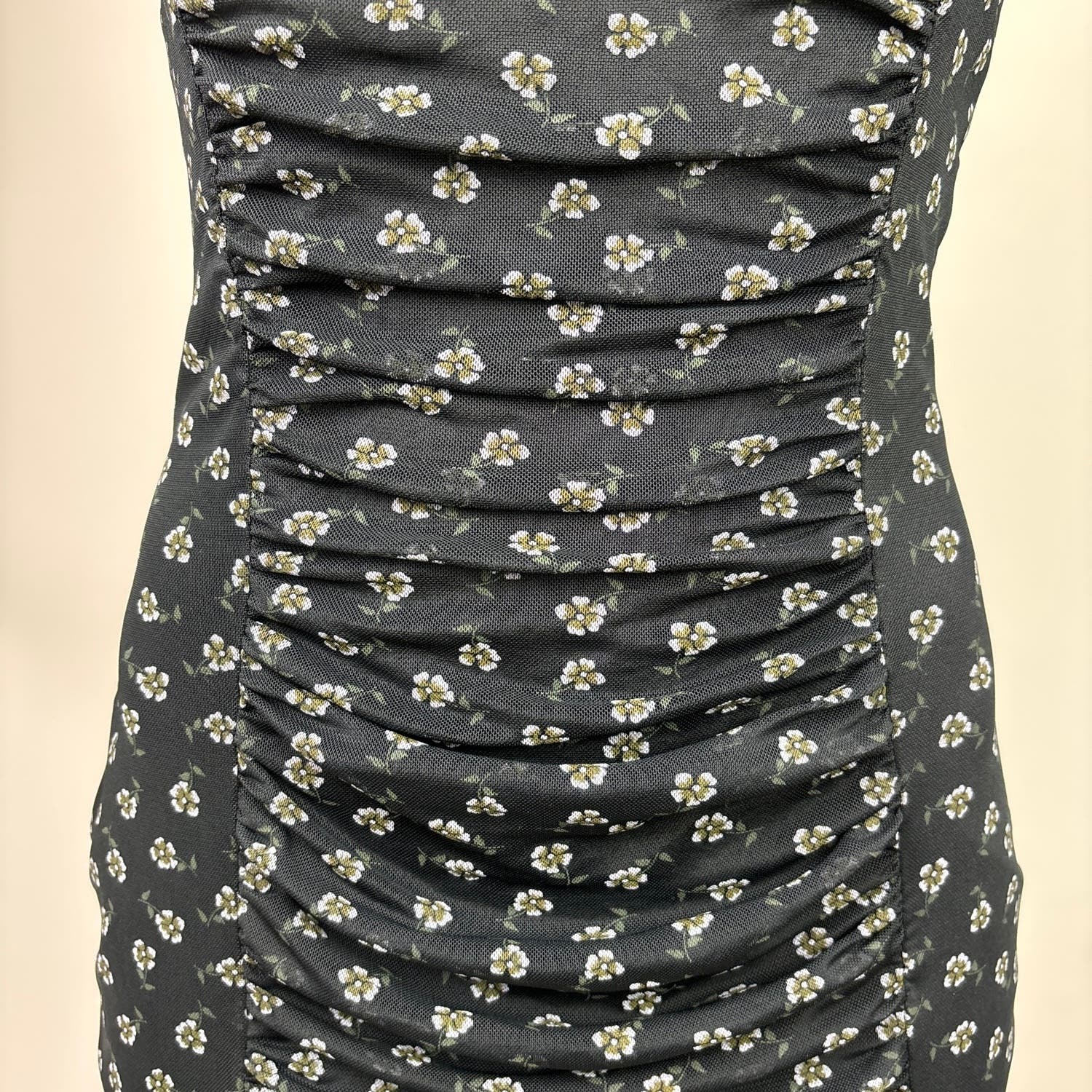 Daisy Street Black Floral Print Spaghetti Strap Ruched Mesh Bodycon Dress Sz XS - Image 7