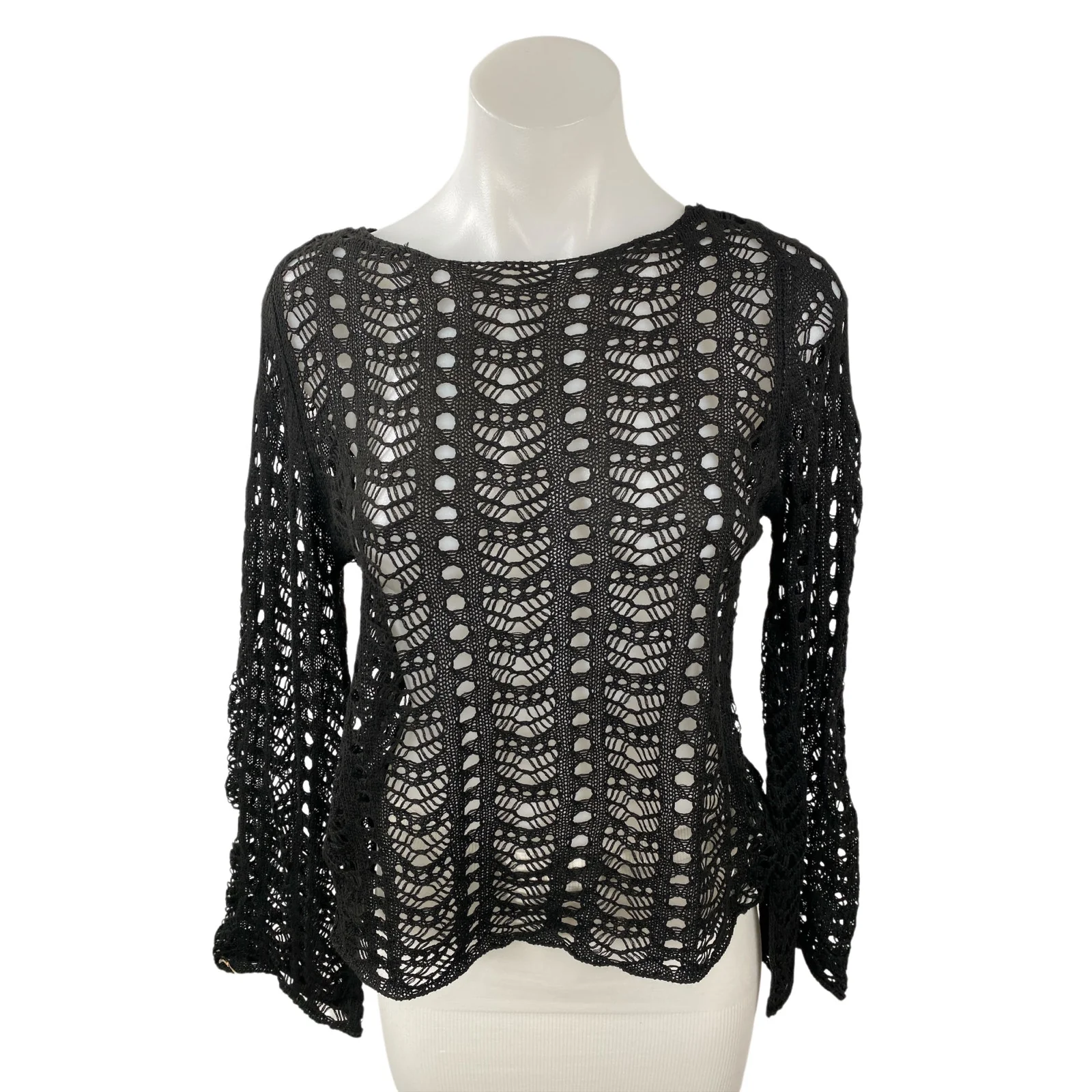 Daisy Street Women's Black Open Knit Crochet Long Sleeve Sweater Blouse Top Sz M