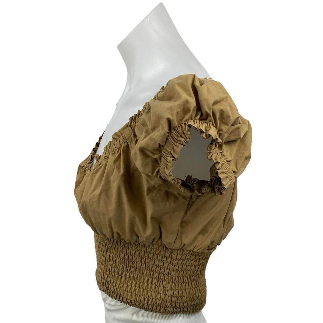 Danielle Bernstein Brown V-neck Smocked Short Puff Sleeve Crop Blouse Top Size M - Image 2
