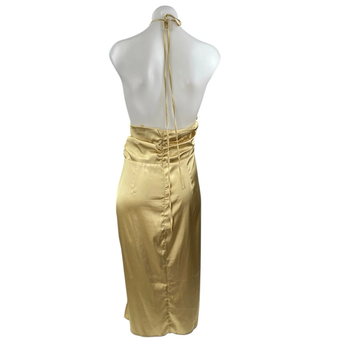 Danielle Bernstein Gold Yellow Silk Satin Halter Cutout Pencil Midi Dress Size L - Image 2