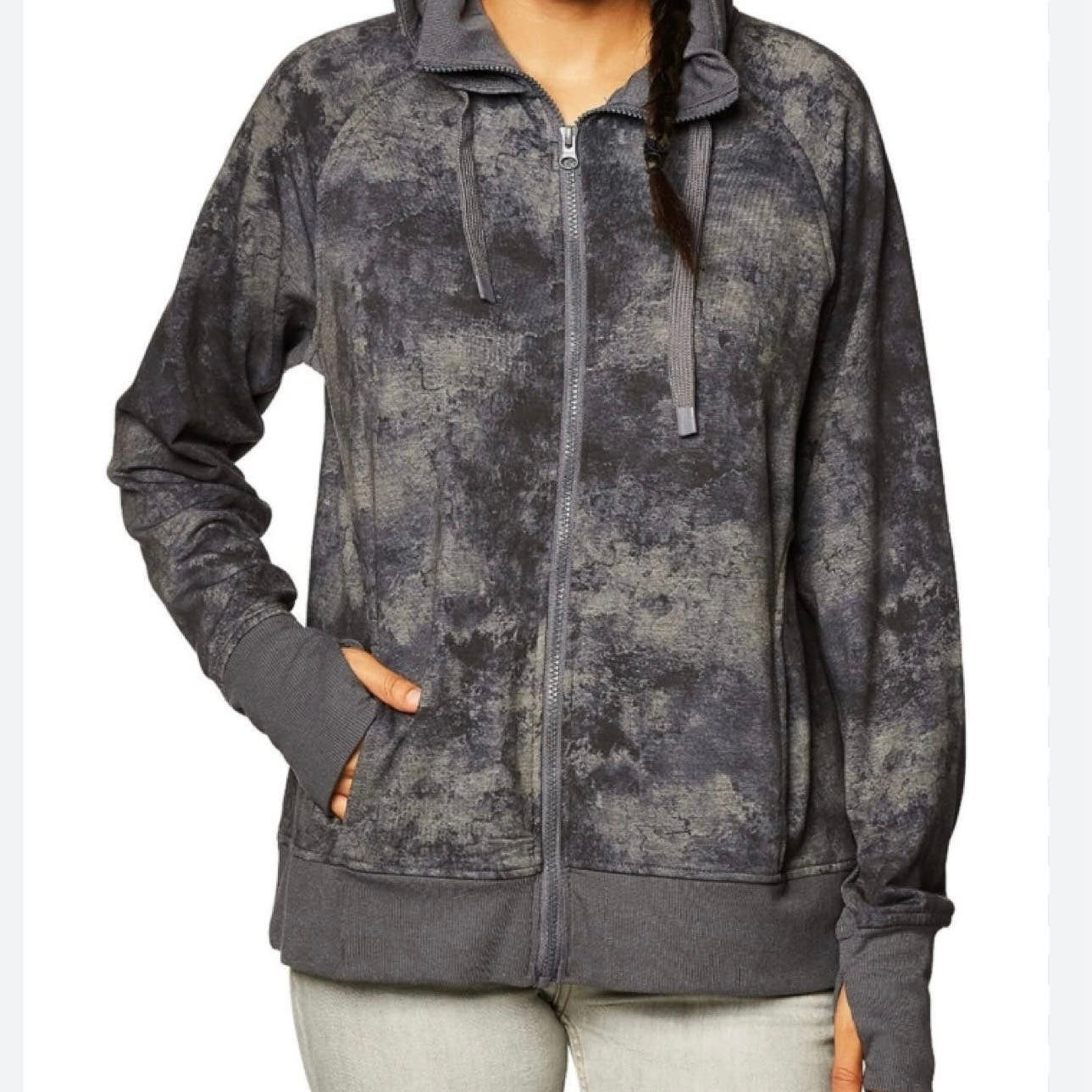 Danskin Grey Tie Dye Marble Double Collar Full Zip Hooded Athletic Jacket Size M - Image 4
