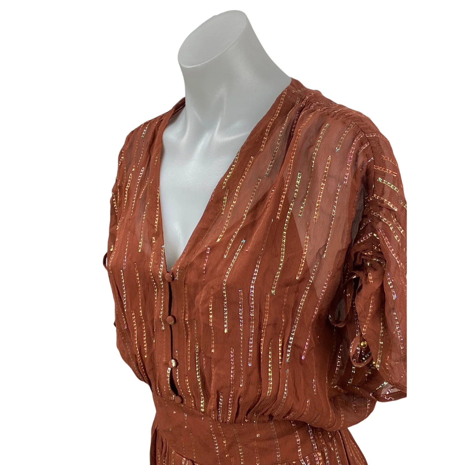 Dante6 Freya Brown Half Sleeve V Neck Lurex Stiped Button A Line Maxi Dress Sz 1 - Image 2