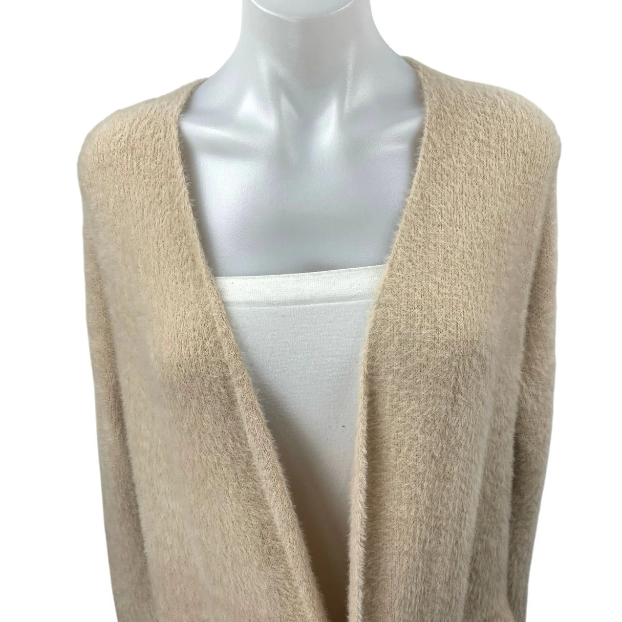 Dear John Beige Tan Khaki Long Sleeve Open Pocket Long Cardigan Sweater Top Sz S - Image 3
