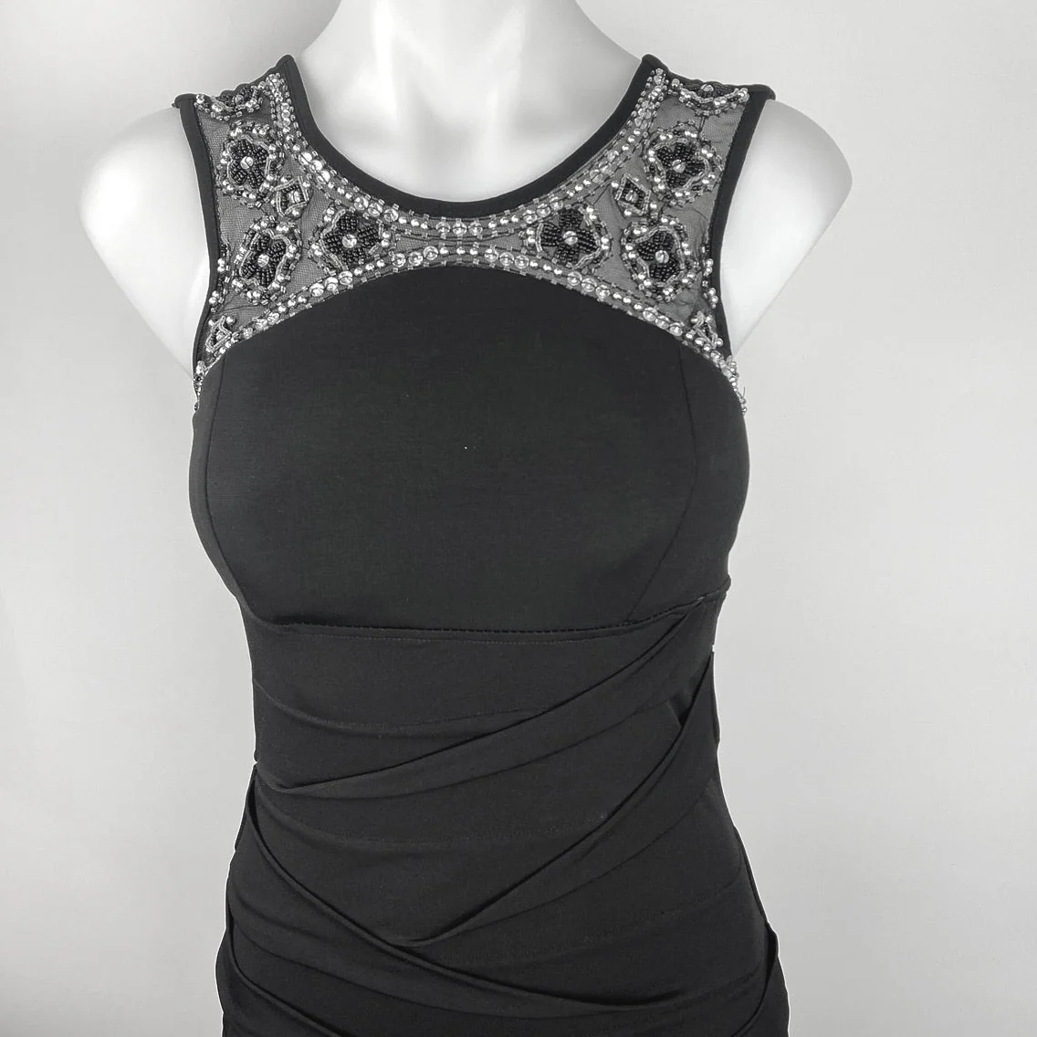 Deb Black Beaded Embellished Sleeveless Ruched Cocktail Bodycon Mini Dress Sz S - Image 3