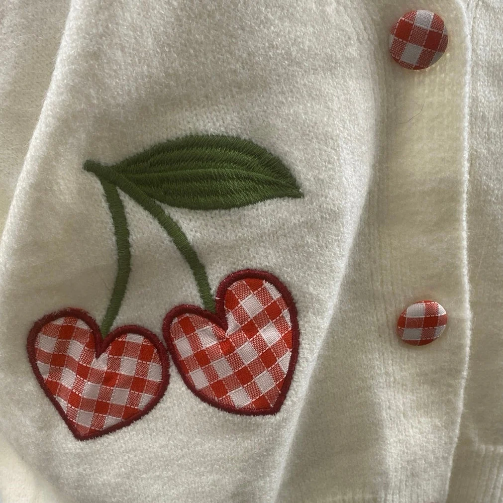Debut Heart Cherry Embroidery Long Sleeve Button Cardigan Sweater Jacket Sz M/L - Image 2
