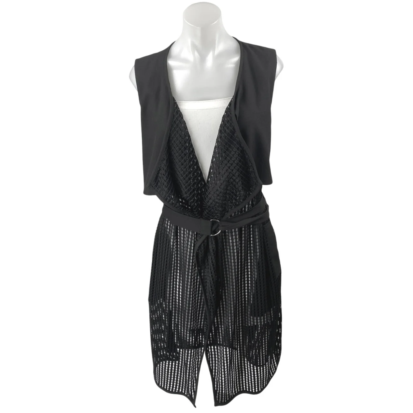 Decjuba Women's Black Sleeveless Belted Sheer Wrap Overcoat Jacket Size S/M
