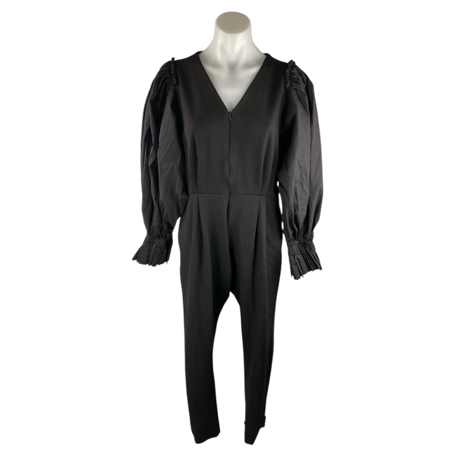Deepika Arora Black V-Neck Long Puff Sleeve Zip Up Tapered Romper Jumpsuit Sz S