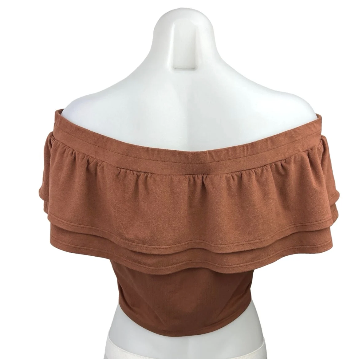 Design Lab Lord & Taylor Brown Suede Ruffle Off the Shoulder Crop Top Blouse M - Image 2