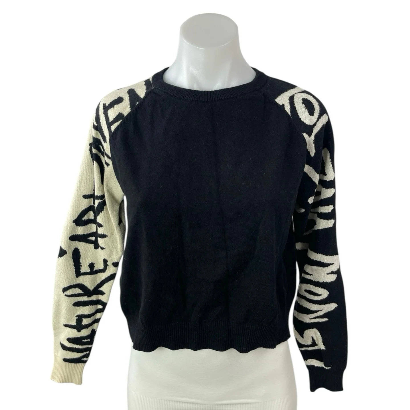 Desigual Women's Black Colorblock Crew Neck Long Sleeve Cropped Sweater Top XS